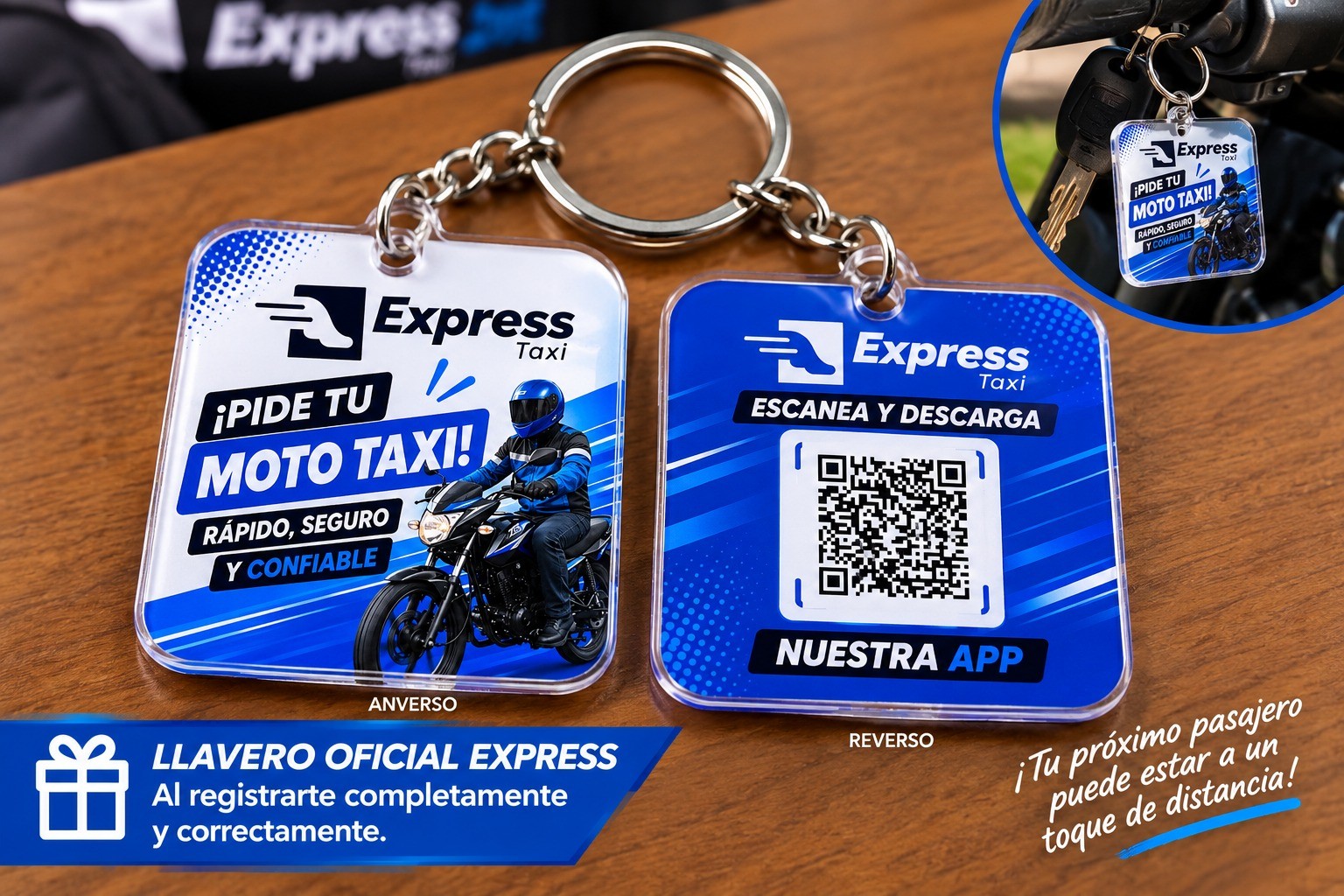 Llavero oficial Express Taxi con código QR para descargar la aplicación